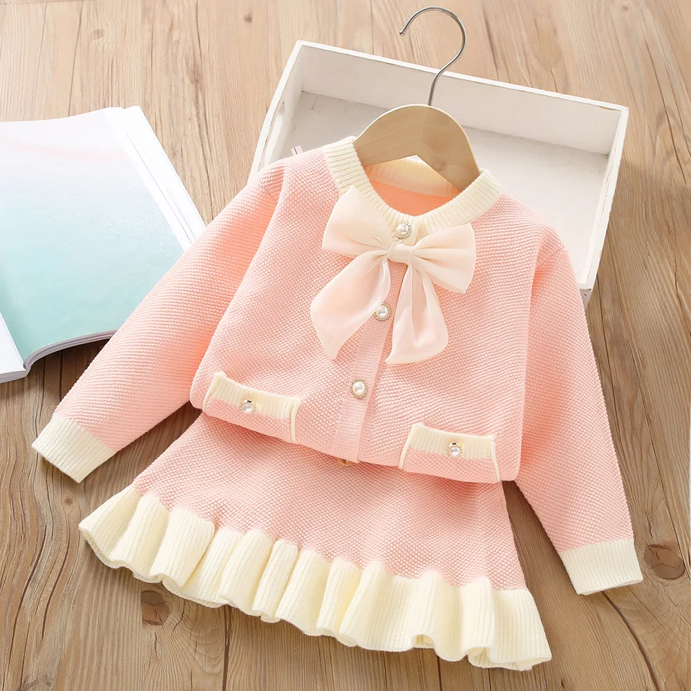 2024 Girls Autumn Dress Bow Korean Edition Children\'s Set Baby Foreigner Knitted Cardigan Two Piece Set 2-8 Year Old Top and Bot