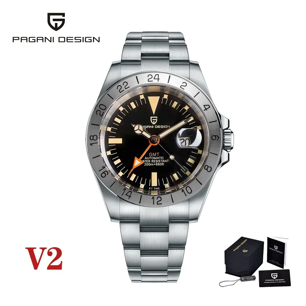 PAGANI DESIGN 2025 Neue automatische mechanische Herrenuhr GMT Classic Retro Edelstahl 200 m wasserdicht Herrenarmbanduhr