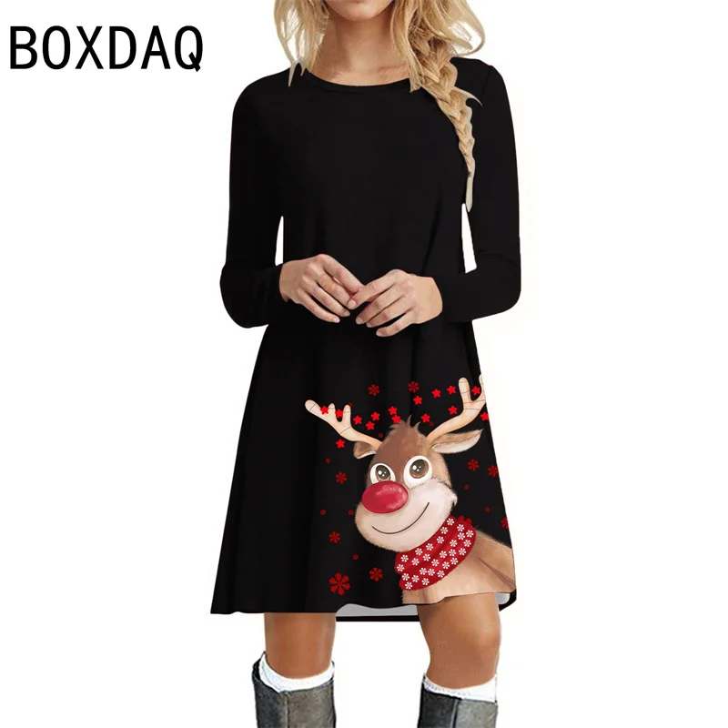 3D Cartoon Christmas Deer Pattern Printed Dress Women Autumn Long Sleeve O-Neck Big Size Dress New Christmas Party Dress Vestido