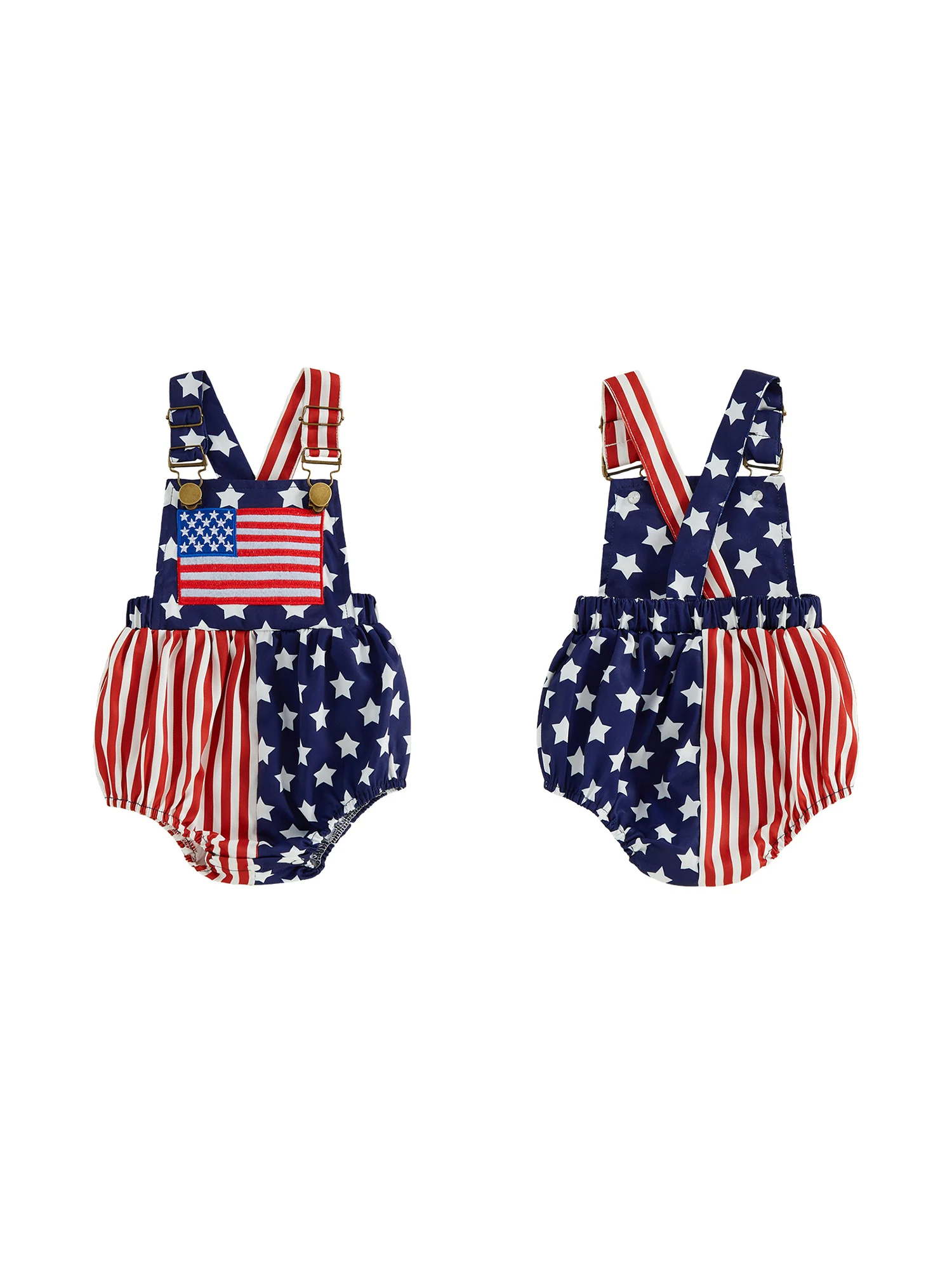 

Cute Patriotic Romper with Stars and Stripes Print Sleeveless Square Neck Jumpsuit for Baby s 4th of July Celebration and
