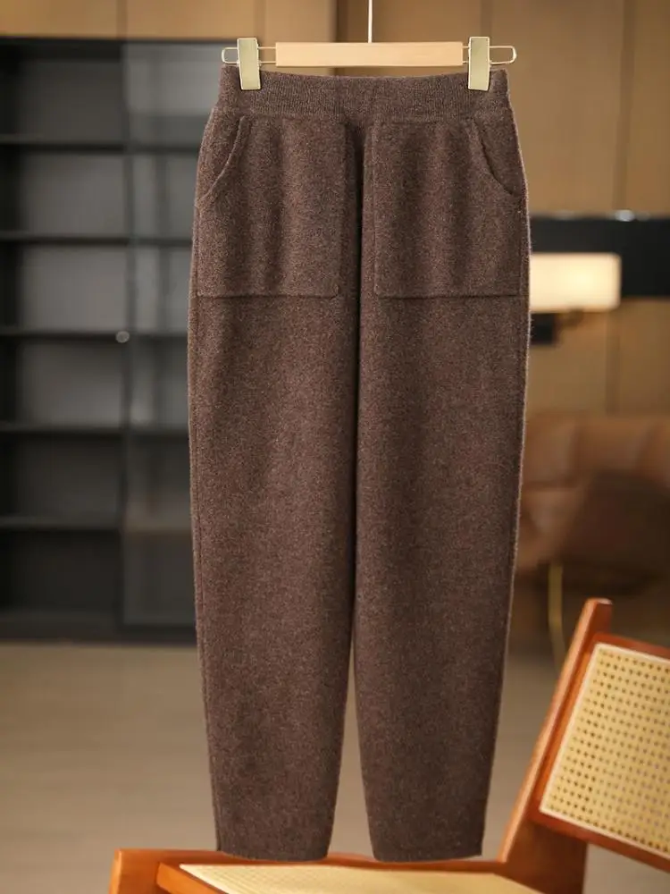 

Women Autumn Winter Thick Warm Pencil Pants 100% Merino Wool Patch Pockets Trousers Fashion Comfortable Elastic Waist Knit Pant