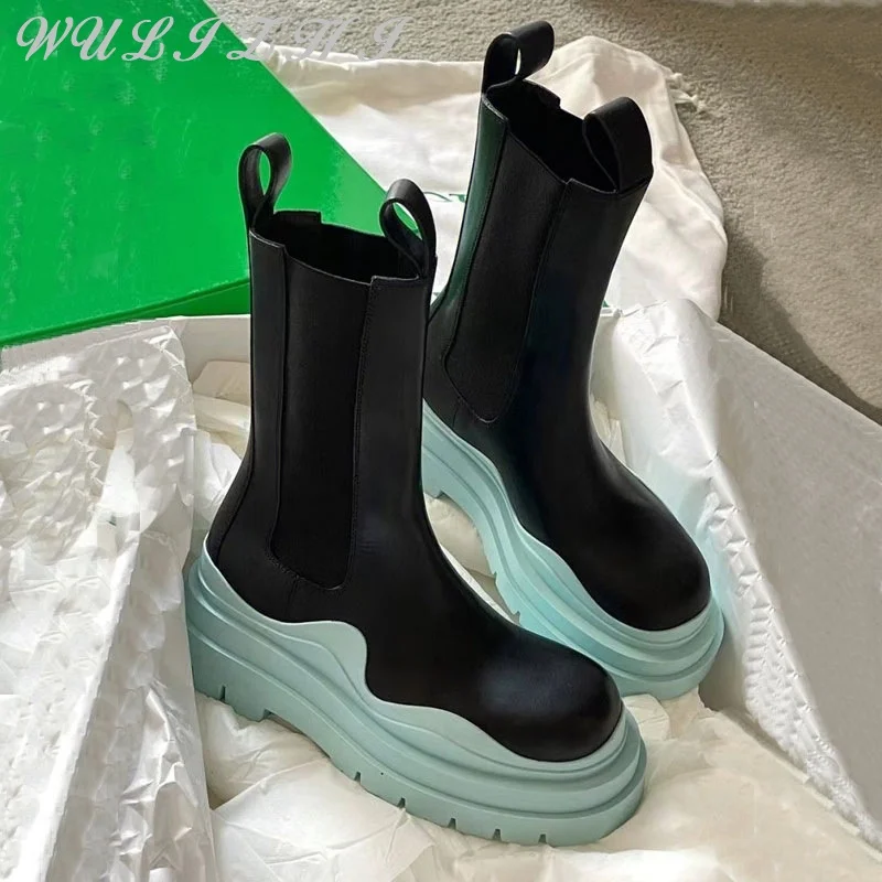 Spring New Thick Soled Women Boots Women Black Platform Mid Calf Genuine Leather Round Toe Mixed Colors Slip On Chelsea Botas