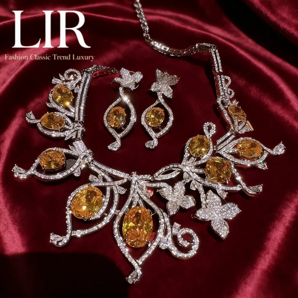 

LIR Women's Custom Jewelry Set: Austrian Court Retro Iris Gem Necklace & Twilight Yellow Bud Earrings