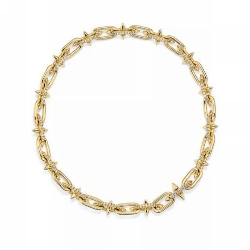 

Gold Plated Paperclip Chain Choker Necklace with Spike & Paved CZ Design