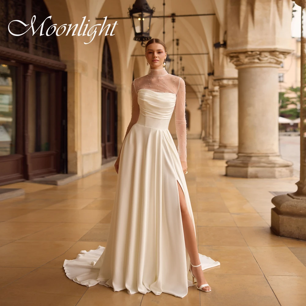 Vestido De Novia moderno De manga larga, corte en A, cuello alto, perlas, plisado, abertura lateral, ilusión en la espalda, Vestido De Novia personalizado