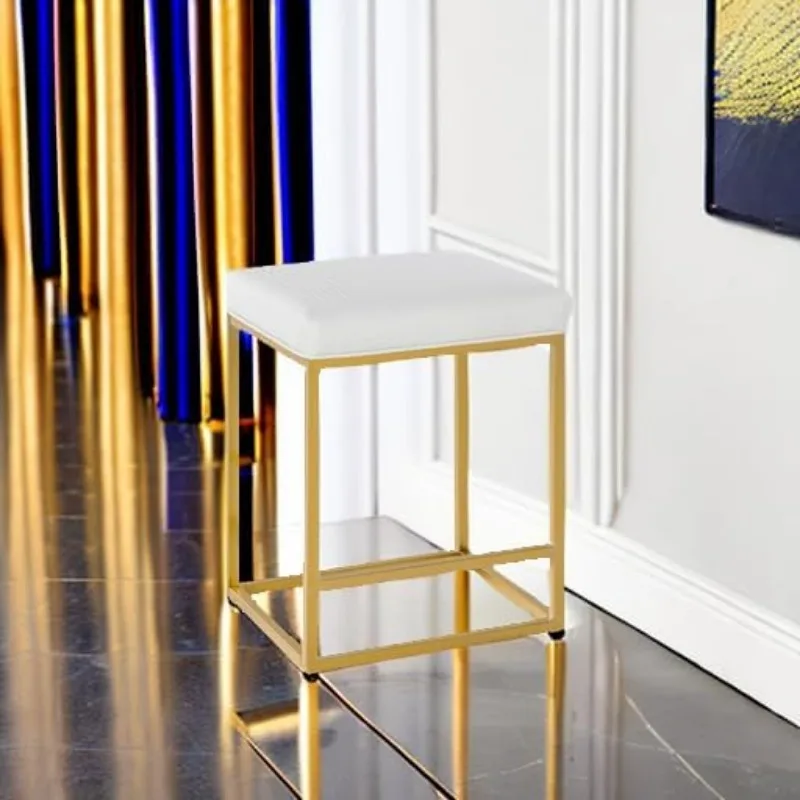 Conjunto de 3 bancos de bar Art |   branco e dourado com moldura de metal e interior em couro sintético |   Banco de bar de cozinha 24 "