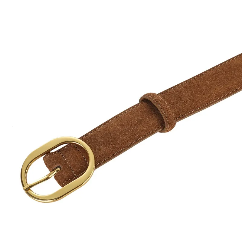 Cinturón clásico con hebilla redonda para mujer, cinturilla de piel de vaca de ante, combinación perfecta para pantalones vaqueros, moda para mujer