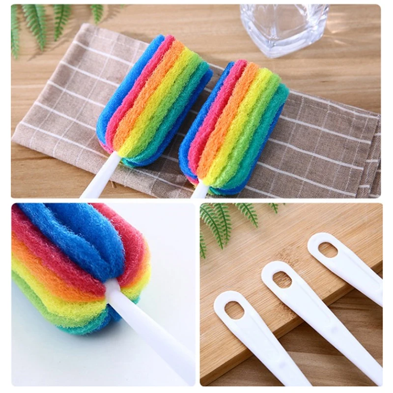 Rainbow Sponge Brush Water Bottle Cup Mug Glass Washing Sponge Cleaning Brush Scrubber With Handle Cleaning Utensils