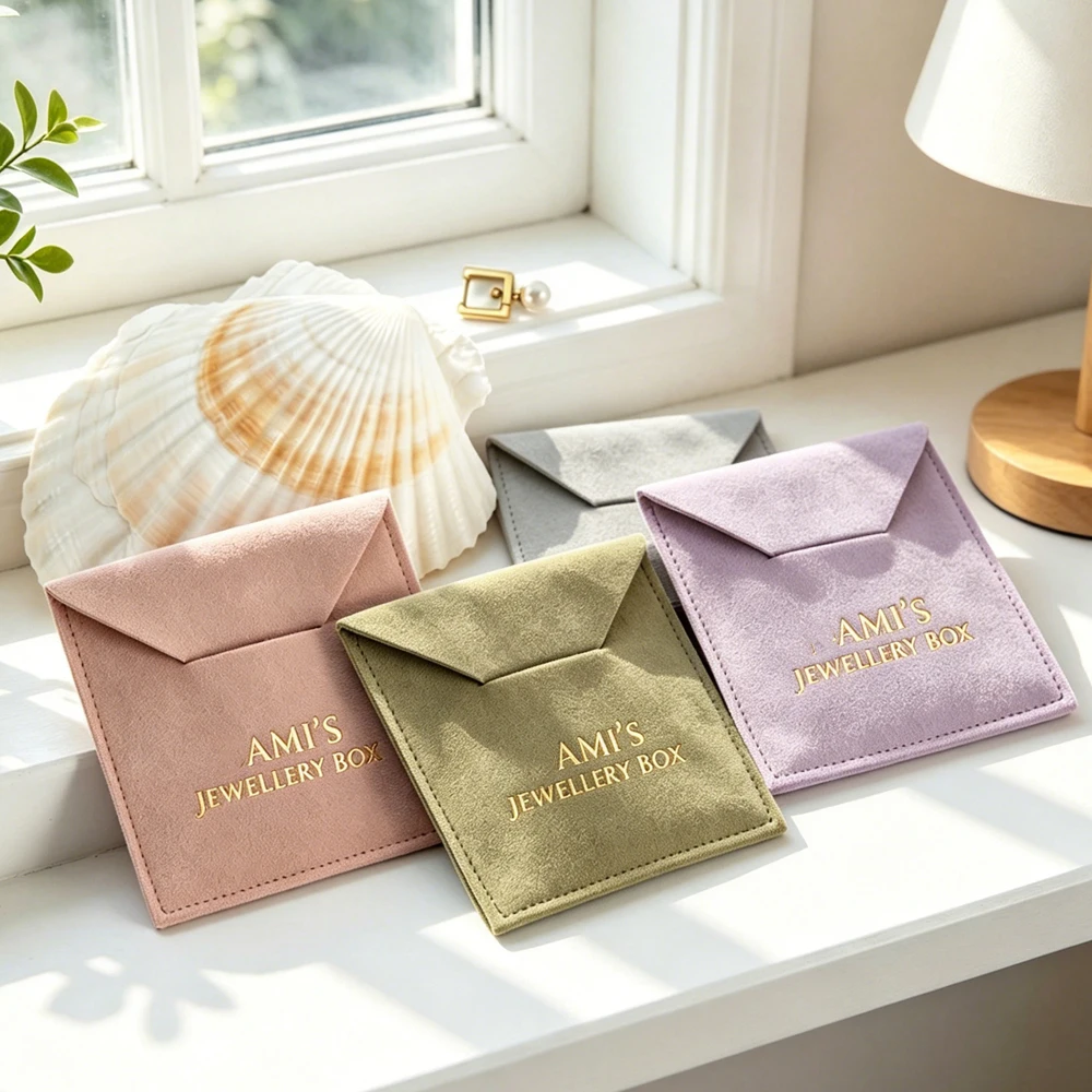 

50pcs Custom Logo Emboss Print Suede Microfiber Jewelry Bag Luxury Mini Wedding Gift Pouch for Earrings Rings Pendant Bracelet