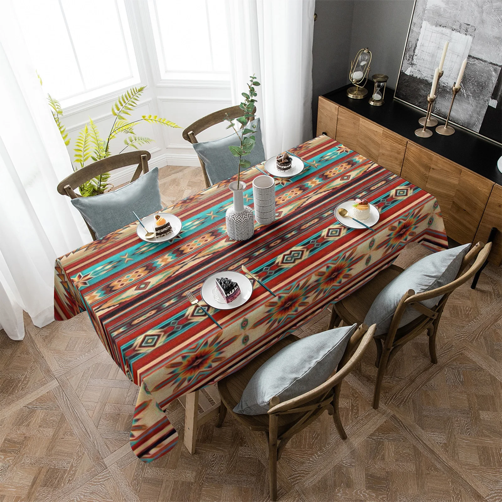 Bohemian Art Geometric Graphics Tablecloths for Dining Table Waterproof Rectangular Table Cover for Kitchen Living Room