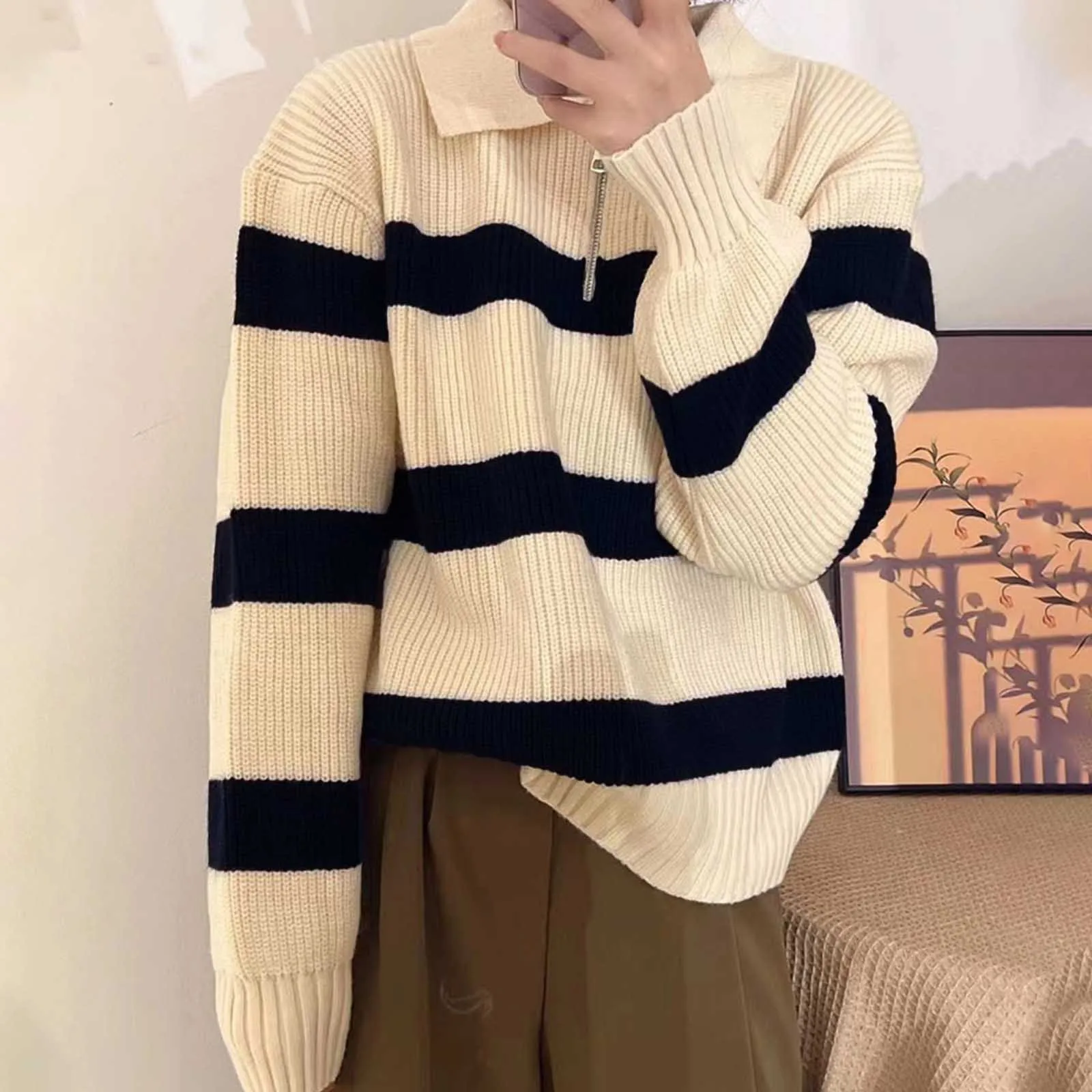 Striped Autumn Winter Women's New Pullover Spliced Polo Collar Zipper Fashion Loose Casual Knitted Slim Fit Pullover Sweater Top