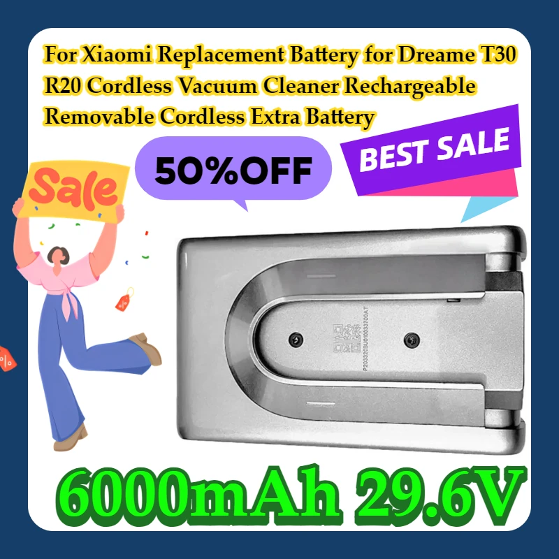 

For Xiaomi 6000mAh Replacement Battery for Dreame T30 R20 Cordless Vacuum Cleaner Rechargeable Removable Cordless Extra Battery