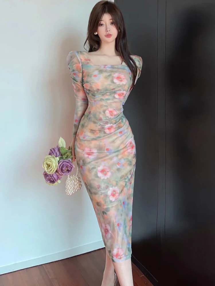 Otoño Invierno Boho Floral malla cuello cuadrado vestido largo mujeres elegante Casual Holiaday vestidos 2025 coreano Chic vestido de estilo de playa