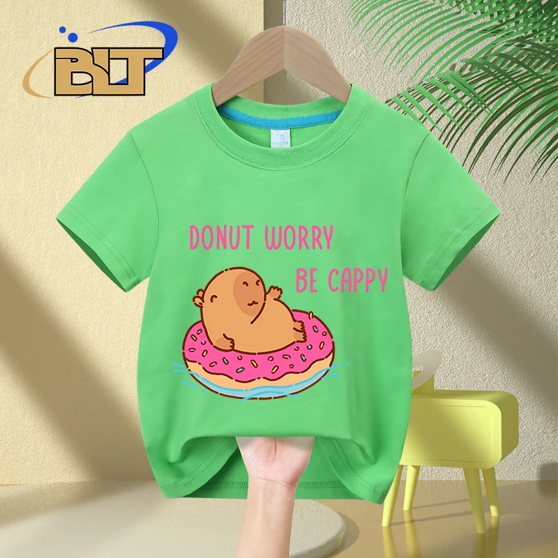 Capybara floating in a donut floater, donut worry be cappy cartoon print kids T-shirt summer children's cotton short sleeves