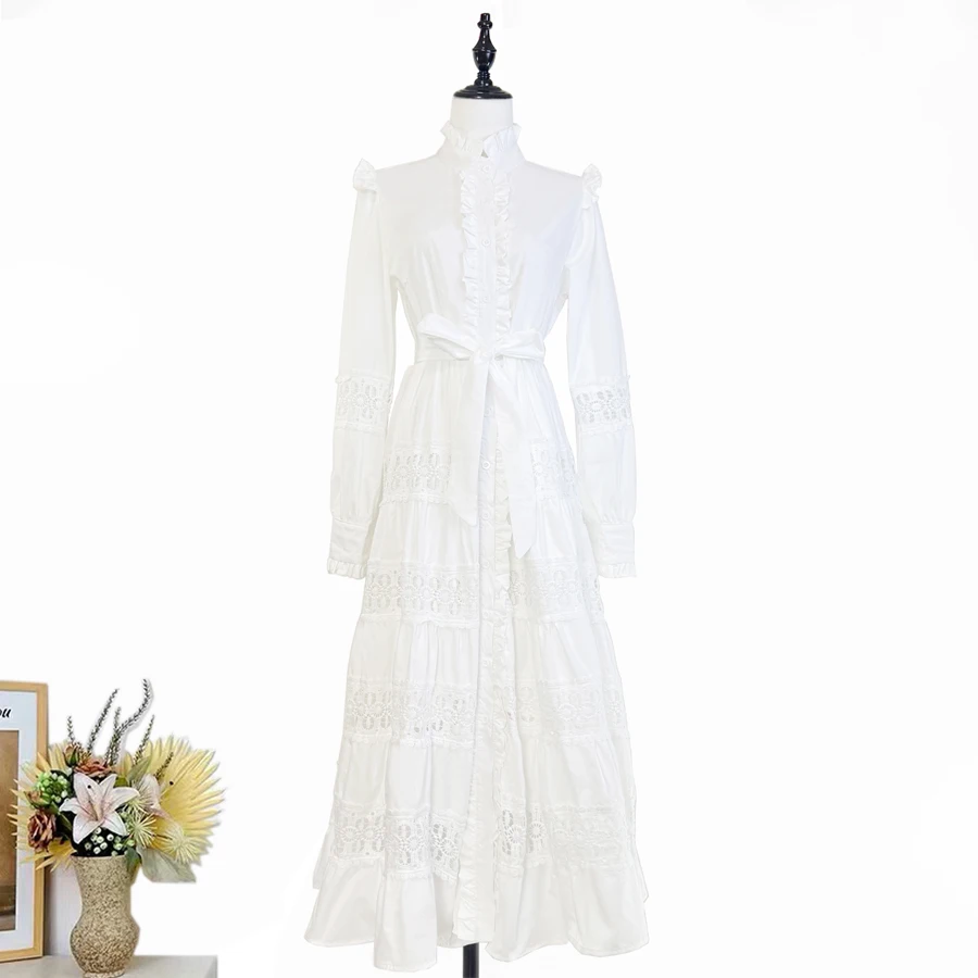 Hohe Qualität Solide Blume aushöhlen Spitze Prom Kleid für Frauen Elegante Stehen Lange Laterne Hülse Spitze Up Casual Vestido Femenino