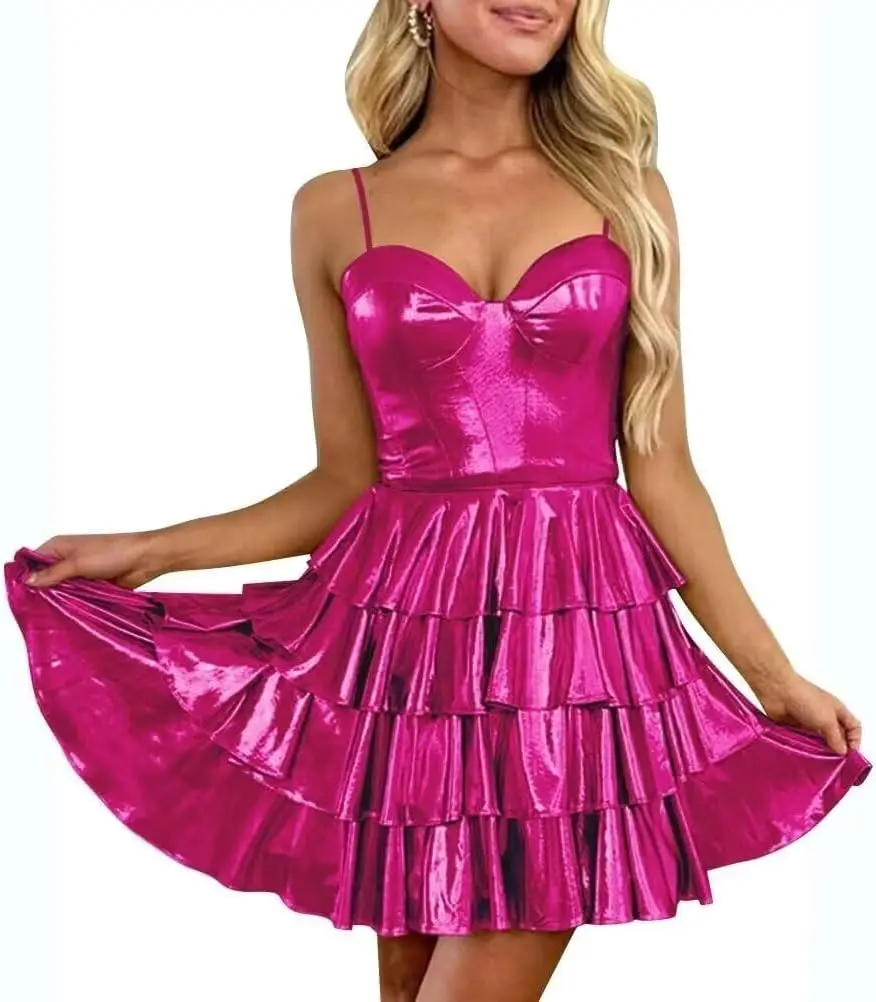

Tiered Metallic Satin Homecoming Dresses Spaghetti Strap Short Cocktail Party Formal Gown for Teens Mini Dress Graduation Dress