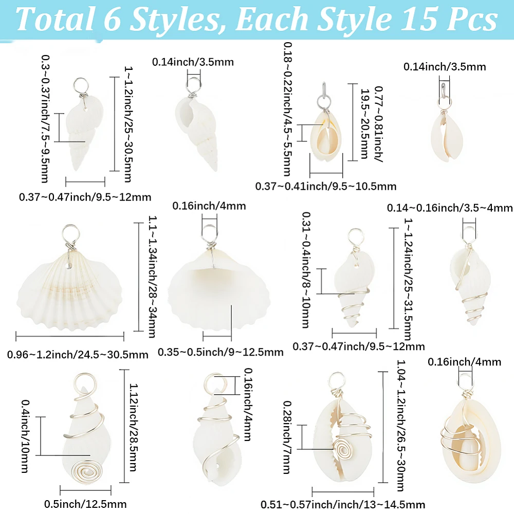 90Pcs 6 Styles Shell Pendants White Scallop Spiral Cowrie Trumpet Shell Pendants Seashell Shaped Charms for Jewelry Making Home