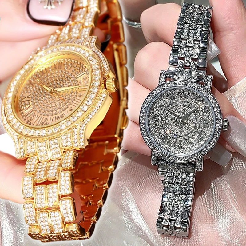 Retro Luxury Women Shining Diamond Watch Quartz Gold Sliver Bracelet Fashion Watches Zircon Crystal Top Elegant Wristwatch Clock