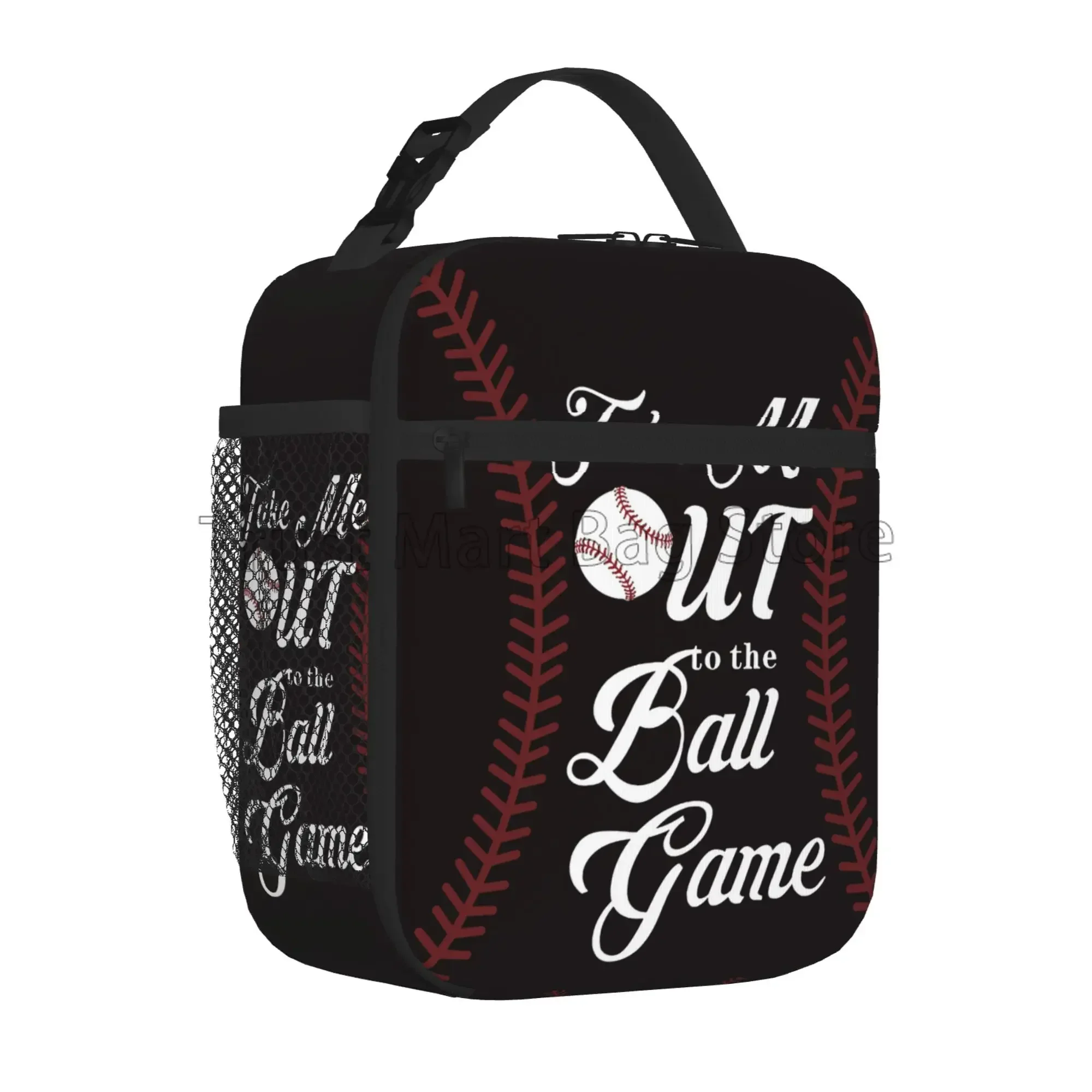 Red Stitching Baseball Sport Insulated Lunch Bag Reusable Thermal Lunch Box Portable Cooler Bento Tote Bags for Women Men Kids