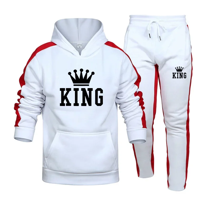 Autumn Winter Mens Tracksuit King Printing Casual Hooded Sweatshirt Suit Daily Jogging Sports Clothing High Quality 2 Piece Set