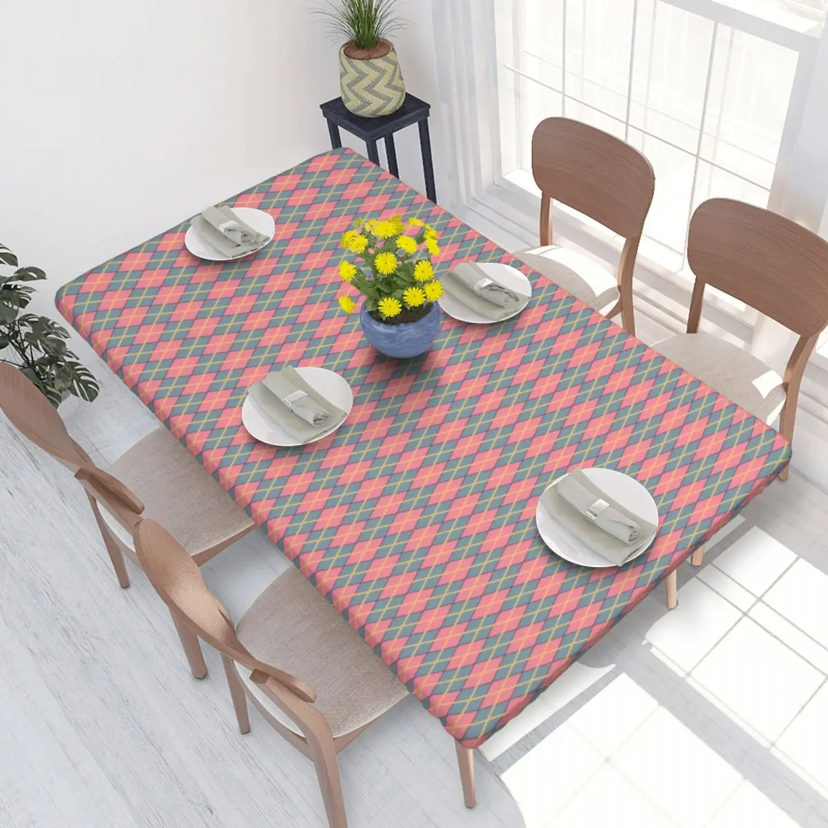 Custom Rectangular Howl's Argyle Pattern Table Cloth Waterproof Tablecloth Outdoor 4FT Table Cover