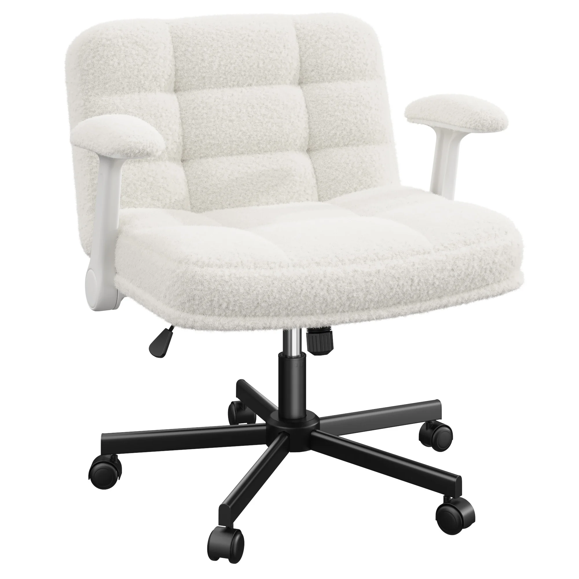 EnHomee Criss Cross Office  Chair with Wheels, Adjustable Height Vanity Chair,Teddy Plush Desk Chair with Flip-Up Arms for Bedroom & Home Office
