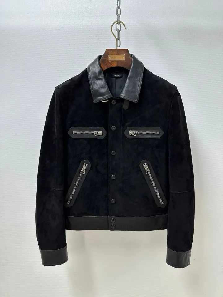 TF Men Suede Leather Jacket 2026 New Turn Down Collar Zipper Front Workwear Style Retro Casual Coat