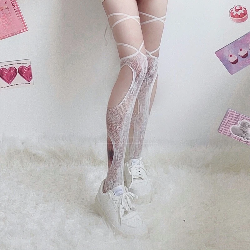 Meia de halloween gótica bruxa escura tubo longo sexy meia de pesca renda renda alça oca coxa meia feminina