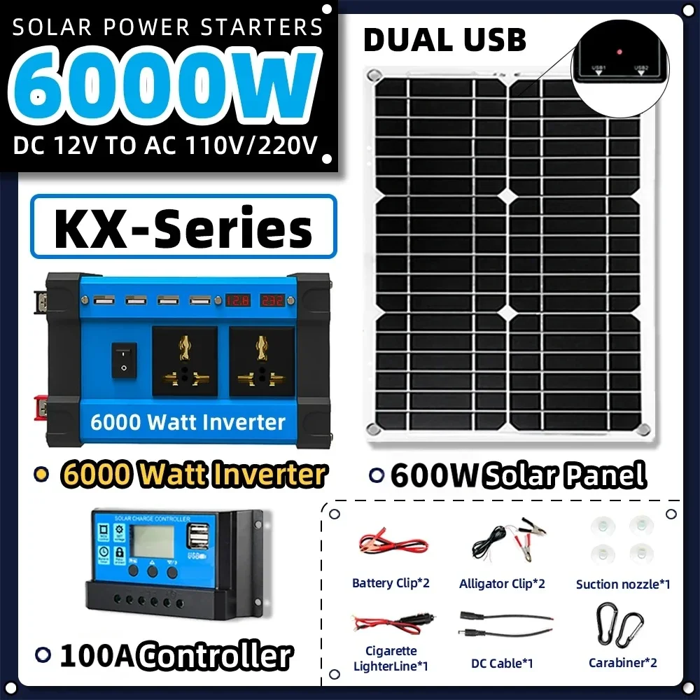 

Solar System Kit Combination 6000W Inverter 30A Controller 300W Solar Panel 12V to 220V/110V Smart Charge & Discharge Camping