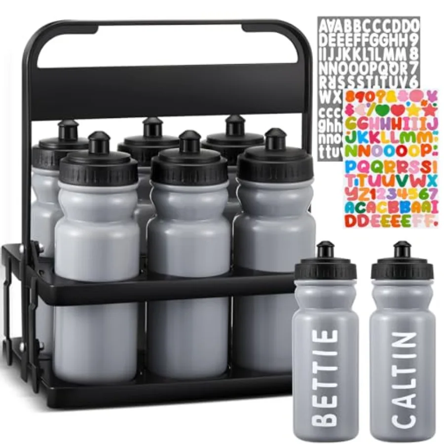 

Water Bottle Carrier with 20 Oz Bottles and Stickers Plastic Wide Mouth Sports Water Bottle Squeeze Team Bottles with Black Lid