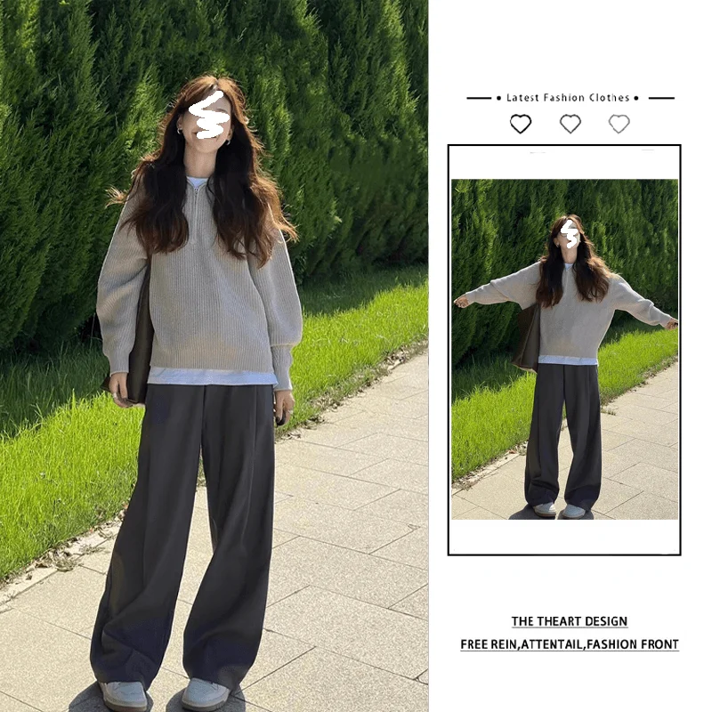 

Street Sle длинный вязаный свитер с воротником-молнией для женщин, осенний новый модный трикотаж небольшого размера Ele Faionable