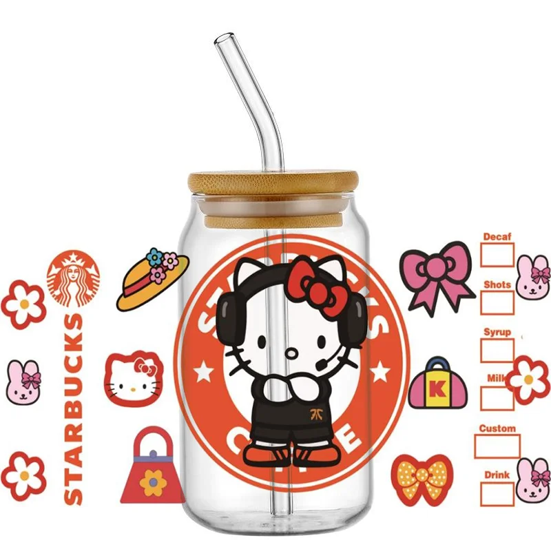 Miniso Cartoon Kitty Cat Decal for 16oz Libbey Glasses UV DTF Cup Wrap Transfer Sticker DIY Mug Waterproof Sticker