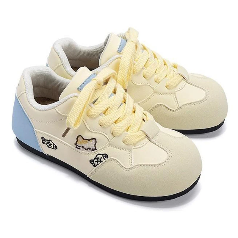 New Fall Women's Cute Style Sports Shoes Milk Yellow Cartoon Embroidery Casual Board Shoes Fashionable Color Blocked White Shoes