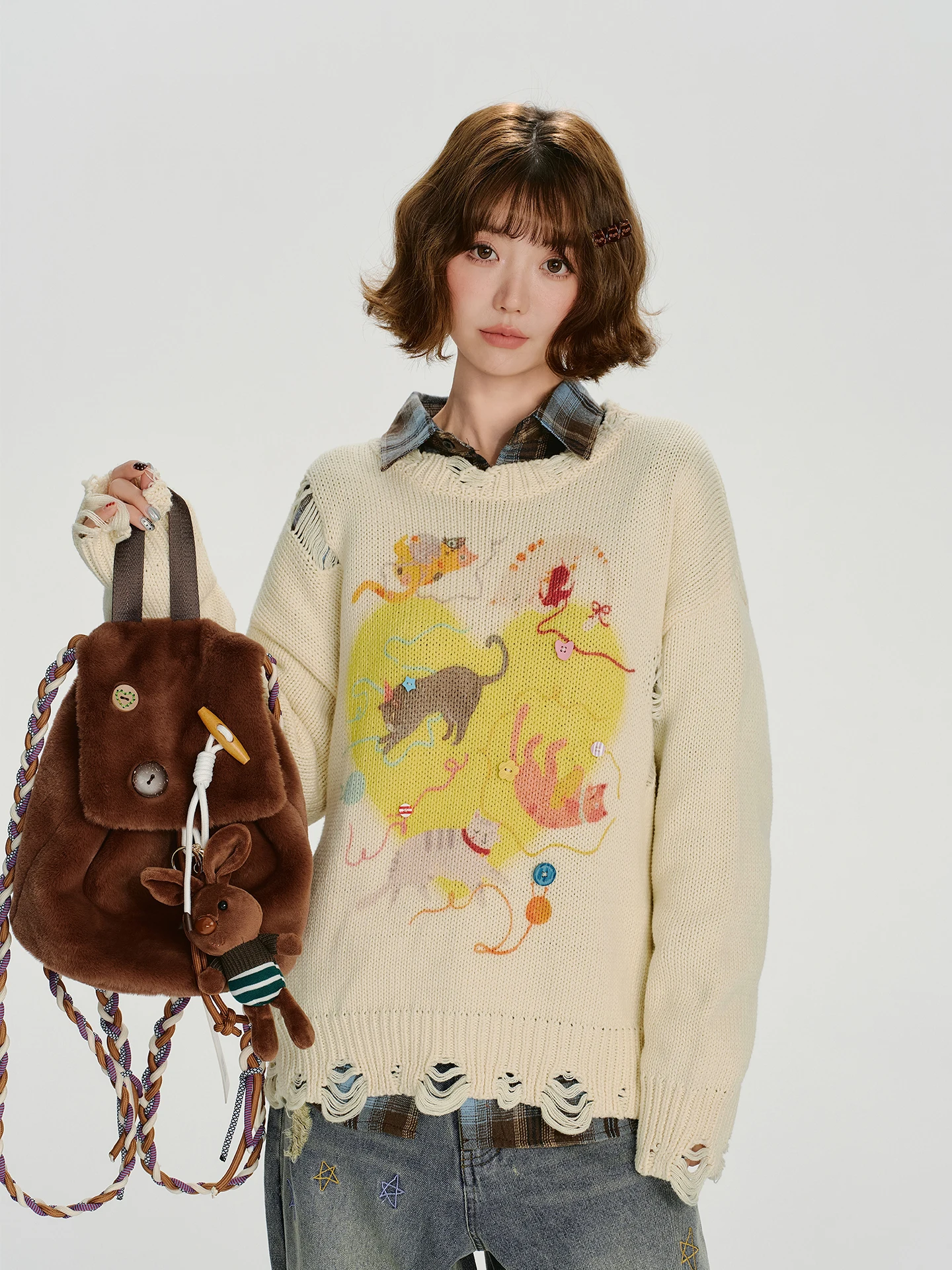 

Женский свитер в американском ретро-стиле с принтом и дырками, круглый вырез, осенне-зимний, новый, свободный, теплый, термо, с длинными рукавами