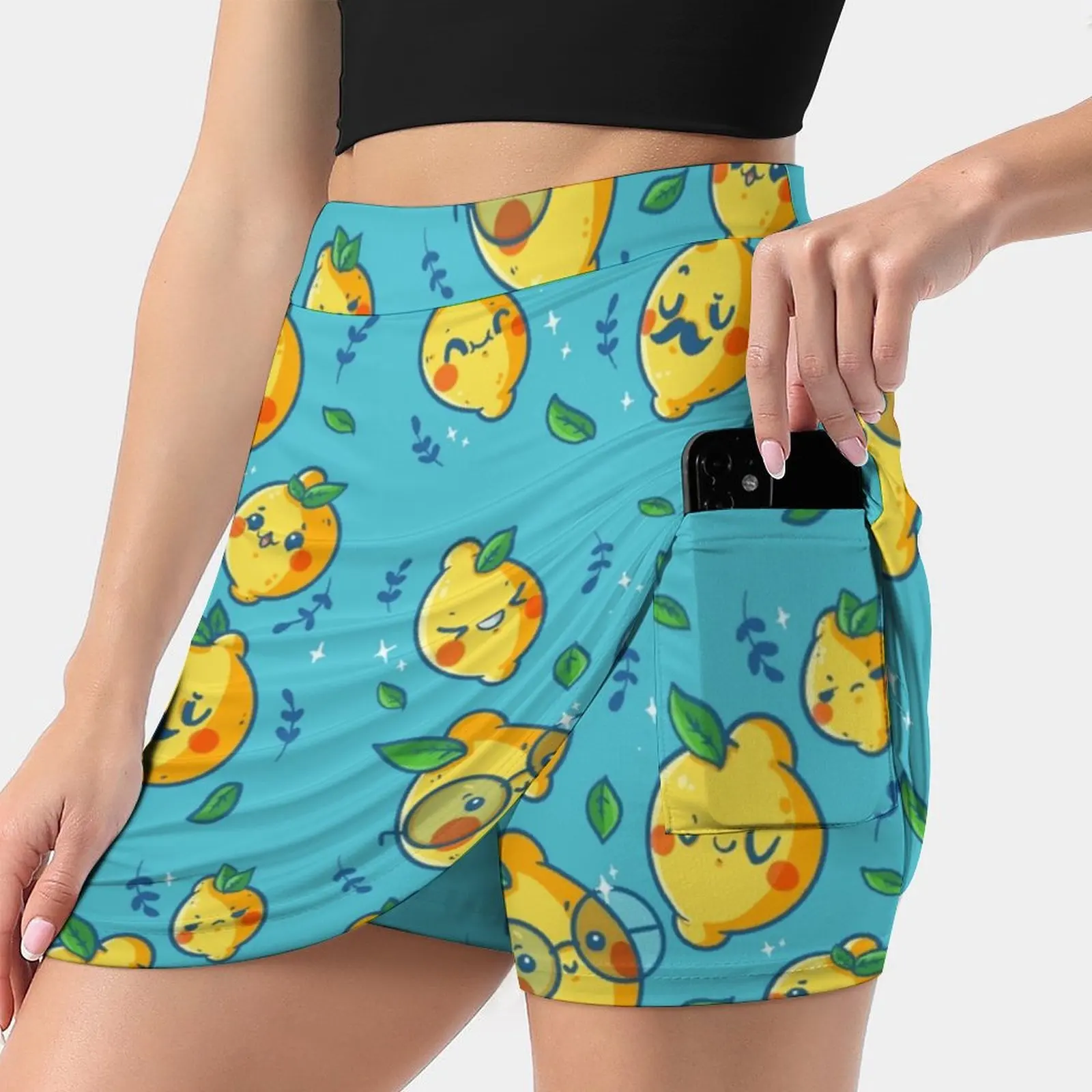 Lemon Faces Women's skirt Mini Skirts A Line Skirt With Hide Pocket Lemon Faces Lemons Lemonade Yellow Fruit Fun Funny Pattern