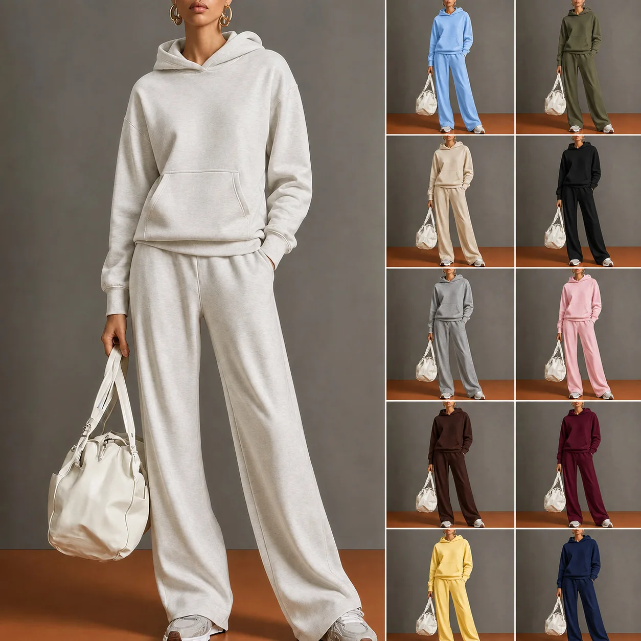 Damen 2-teiliges Outfit Kapuzenpullover + Hose mit weitem Bein Set Einfarbiger Langarm-Hoodie mit Taschen Lässiger Trainingsanzug Damen-Loungewear