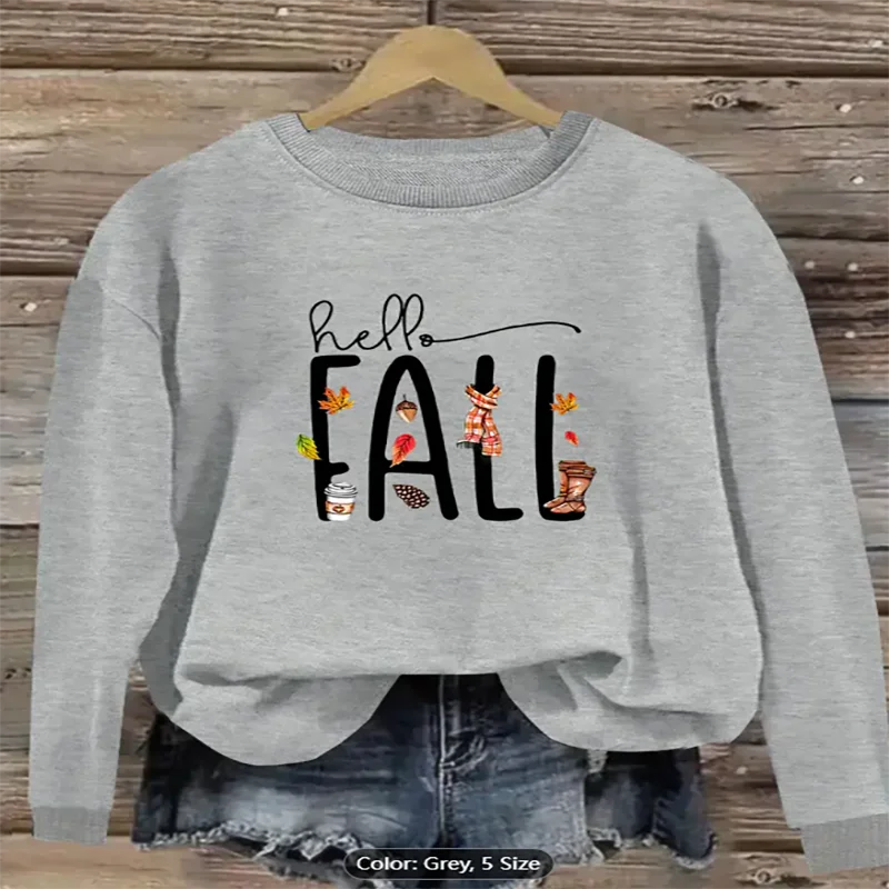 

Женский серый свитшот «Hello Fall» с графическим принтом, повседневный пуловер большого размера, топ для любителей осеннего стиля, комфорт из чистого хлопка