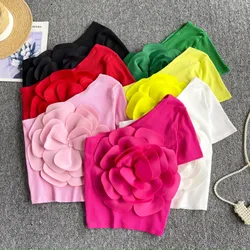 2024 New Summer Chic Skew Collar Off Shoulder Sweet Women Shirt Blouse Three-dimensional flower pleated Slim Sexy Top