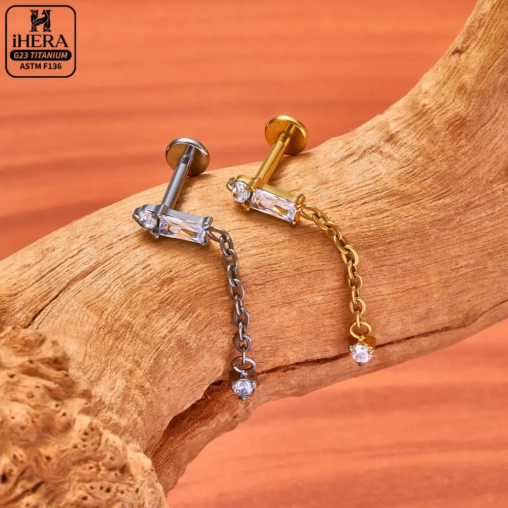 ASTM F136 Titan-Ohrstecker mit Marquise-Zirkonia, flacher Rückseite, glitzernder Kette, Baguette-Kreuz, Labret, Helix, Tragus, Conch, Ohrstecker-Schmuck – Detail 12