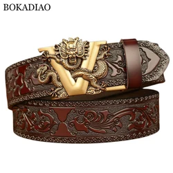 BOKADIAO Men Genuine Leather Belt Luxury Gold Dragon Metal Automatic Buckle Cowhide Belts for Men Jeans Waistband Male Strap