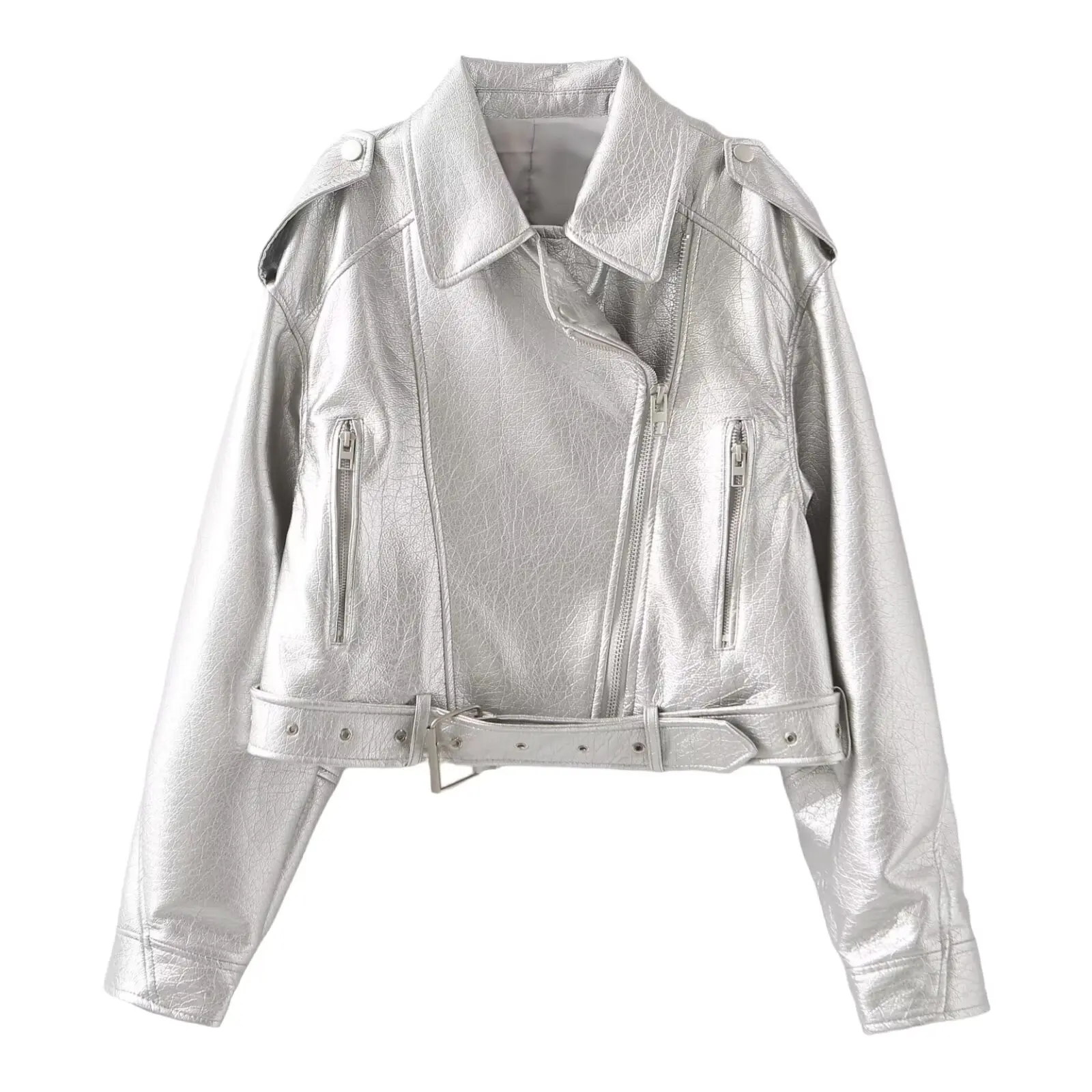 2025 feminino bege zíper frontal jaqueta de couro do plutônio americano retro fivela cinto bainha manga cheia casaco cintura alta curto outwear prata