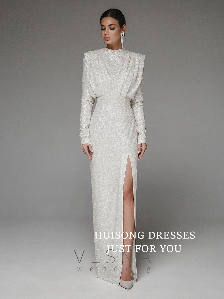 

HUISONG Customized Glitter Mermaid Wedding Dresses Long Sleeves O-Neck Side Split Beach Bridal Gown свадебное платье