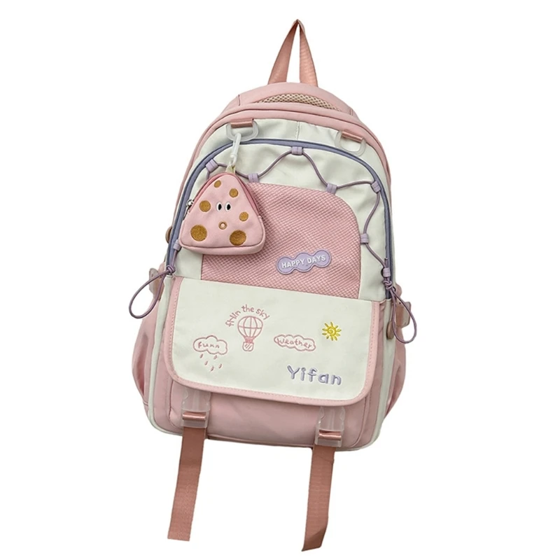 Large Capacity Nylon Backpack for Teens Girls School Travel Fashion Contrast Color Laptop Book Bag with Small Coin Purse