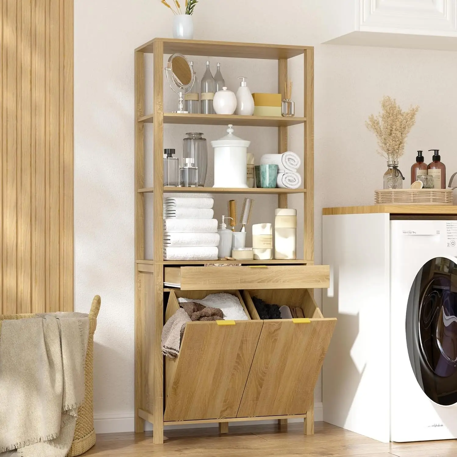 Tilt Out Laundry Hamper Cabinet with Drawer & Open Shelves, 2 Hidden Tilt Out Bins (6 Gallon) for Bathroom Kitchen, Customized