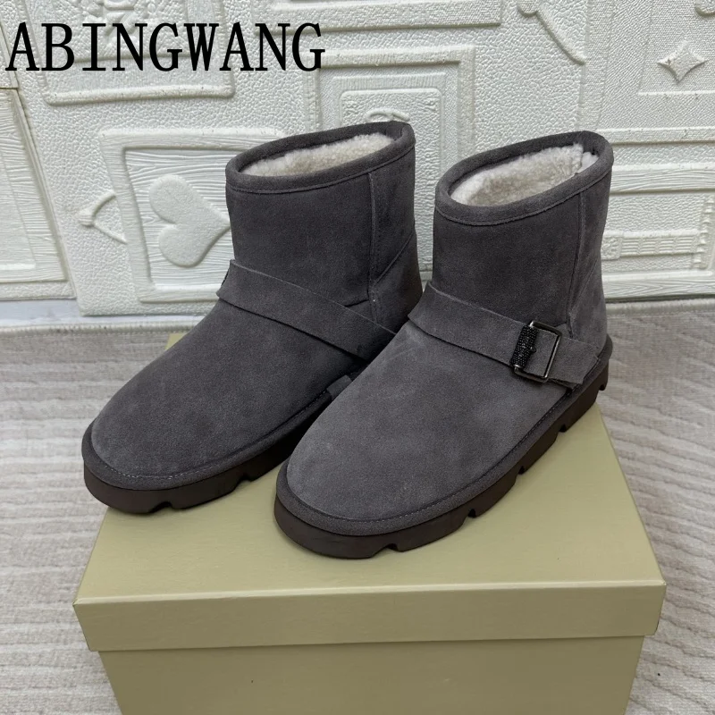 

2025 Winter Suede Inside Fur Thick Sole Flats Heels Ankle Boots For Women Slip On Round Toe Casual Short Boots Winter Warm Shoes