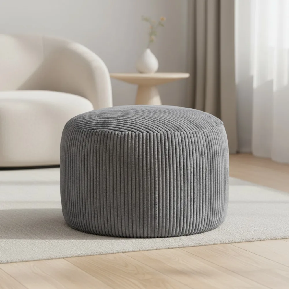 

Round Corduroy Pouf Ottoman with Foam Filling, Fluffy Foot Stool Storage Seat for Living Room, Dark Grey