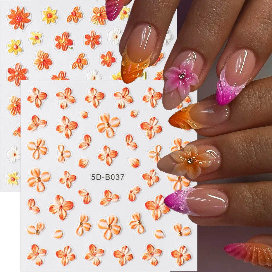 2 szt. Pomarańczowe Kwiaty Naklejki na Paznokcie Ozdoby Jesienne Kwiaty Kwitnące Samoprzylepne Slidery Dekoracje Akcesoria do Manicure