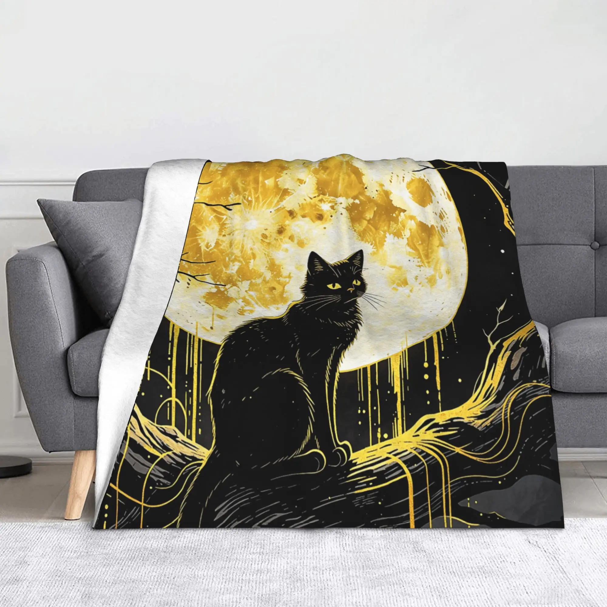Halloween Black Cats Blankets Flannel Textile Moon Gothic Mystical Breathable Lightweight Throw Blankets for Bed Couch Rug Piece