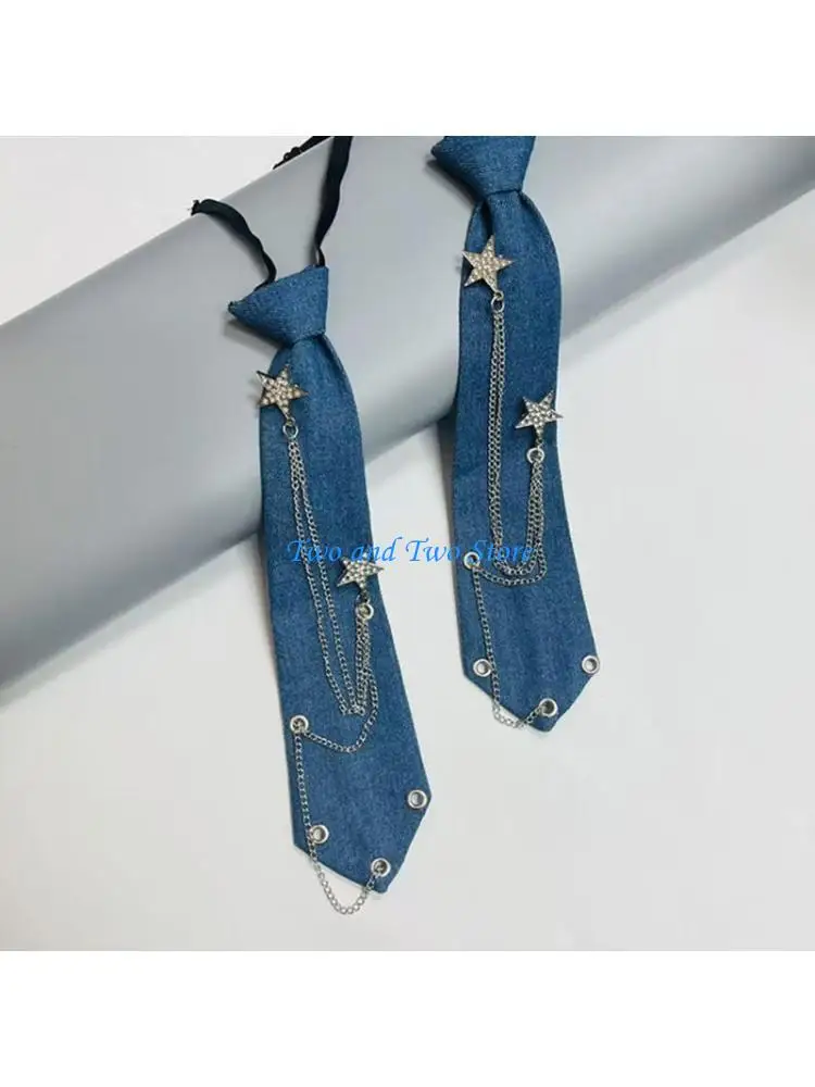 HX6F Quick Wear Necktie with Blue Texture and Star Chain for Outfits