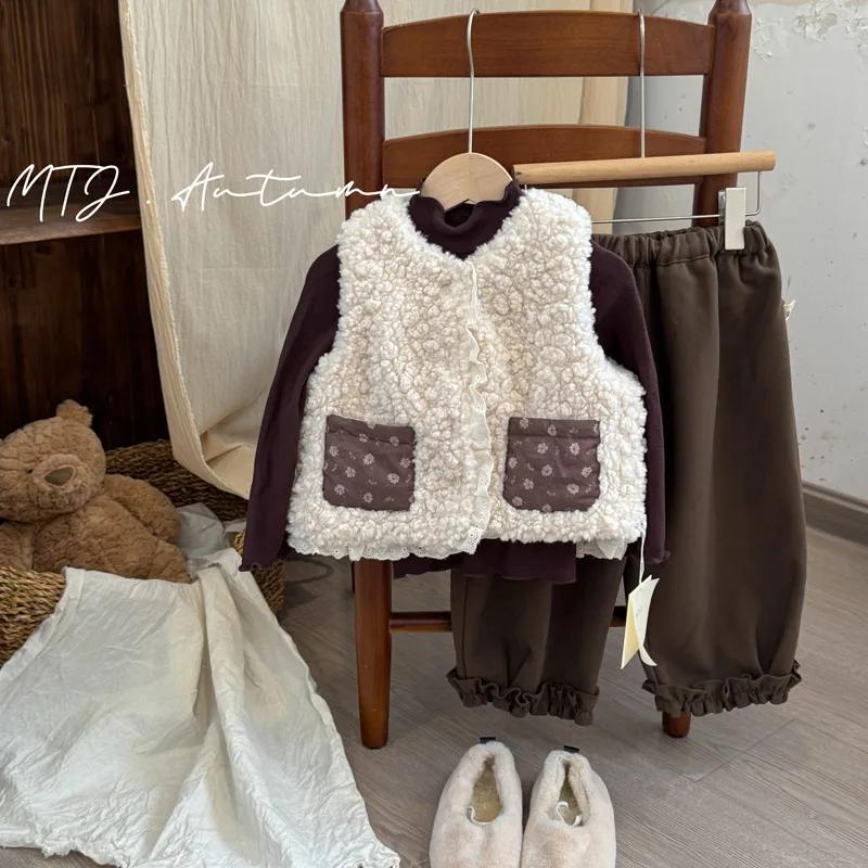 

Детский жилет для девочек: шерстяное пальто с цветочным узором или повседневные брюки 6937. Детская одежда. Новинка осени-зимы 2025. Плюшевый жилет.